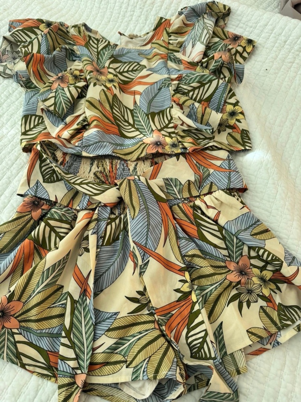 Tropical Floral Two-Piece Set - Cream, Green, Blue & Orange